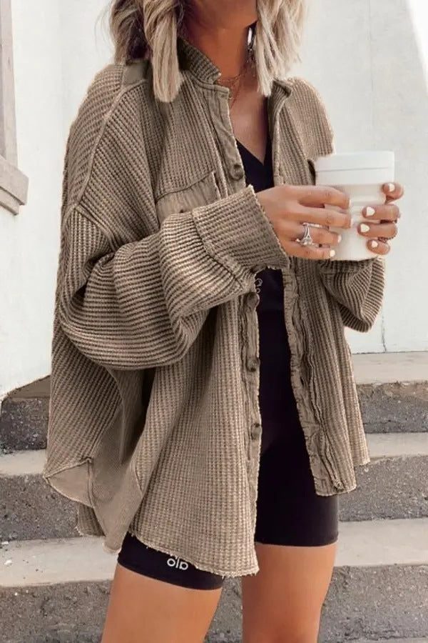 Women's Oversized Waffle-Knit Shacket with Frayed Edges