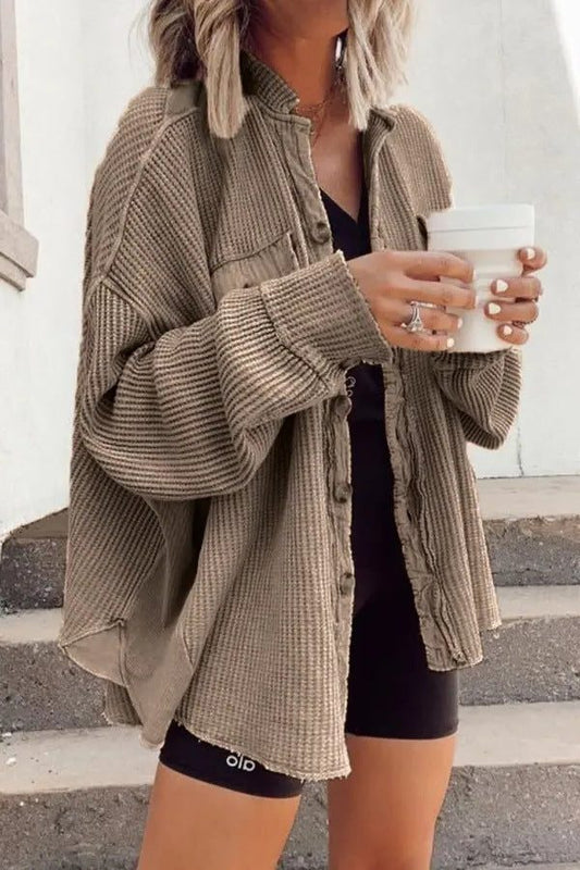 Women's Oversized Waffle-Knit Shacket with Frayed Edges