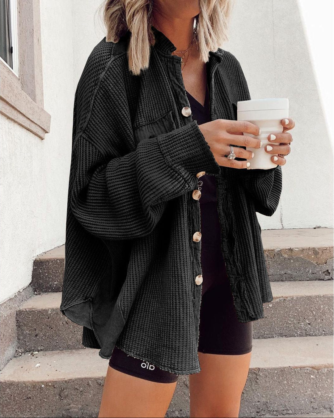 Women's Oversized Waffle-Knit Shacket with Frayed Edges