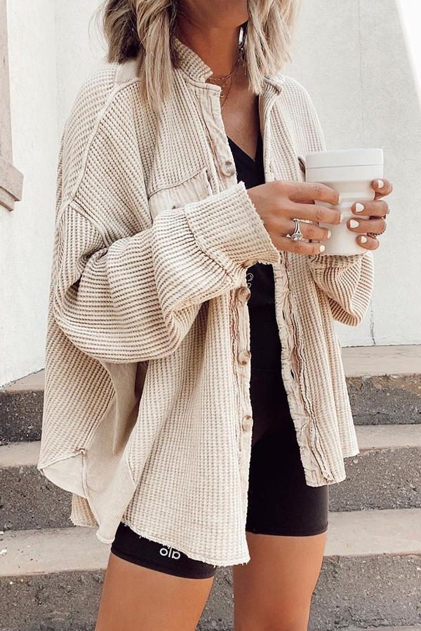 Women's Oversized Waffle-Knit Shacket with Frayed Edges