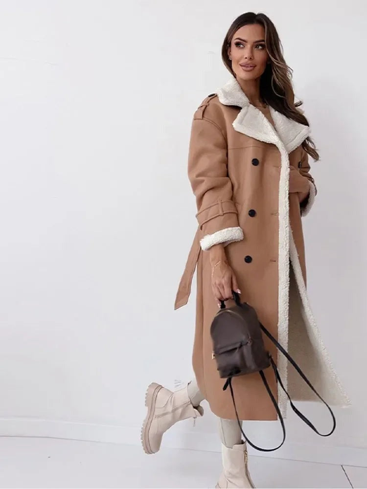 Women's Long Faux Shearling Coat with Suede-Look Finish and Belt