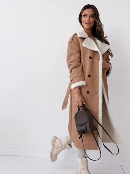 Women's Long Faux Shearling Coat with Suede-Look Finish and Belt