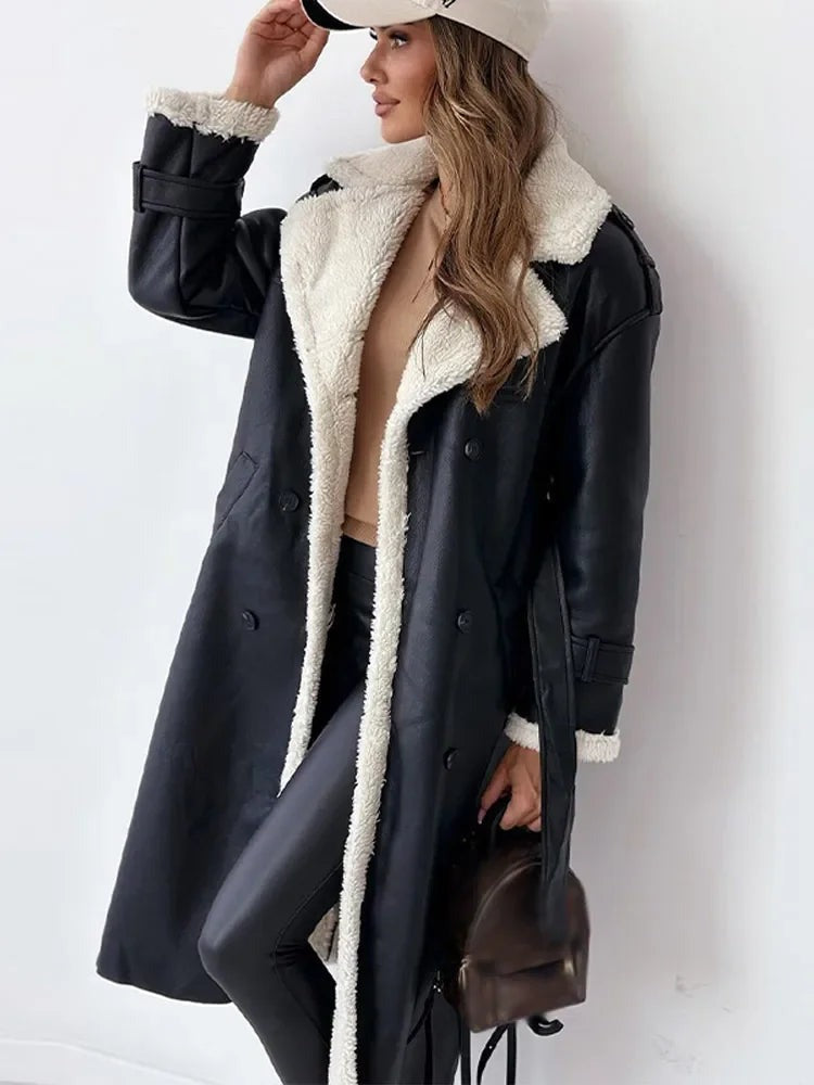 Women's Long Faux Shearling Coat with Suede-Look Finish and Belt