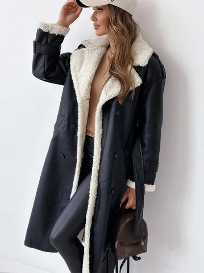 Women's Long Faux Shearling Coat with Suede-Look Finish and Belt