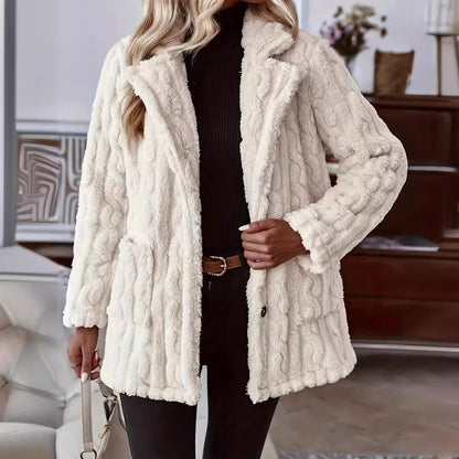 Women's Cable-Textured Teddy Coat with Wide Collar