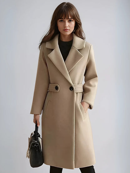 Women's Elegant Belted Longline Trench Coat with Notch Lapels