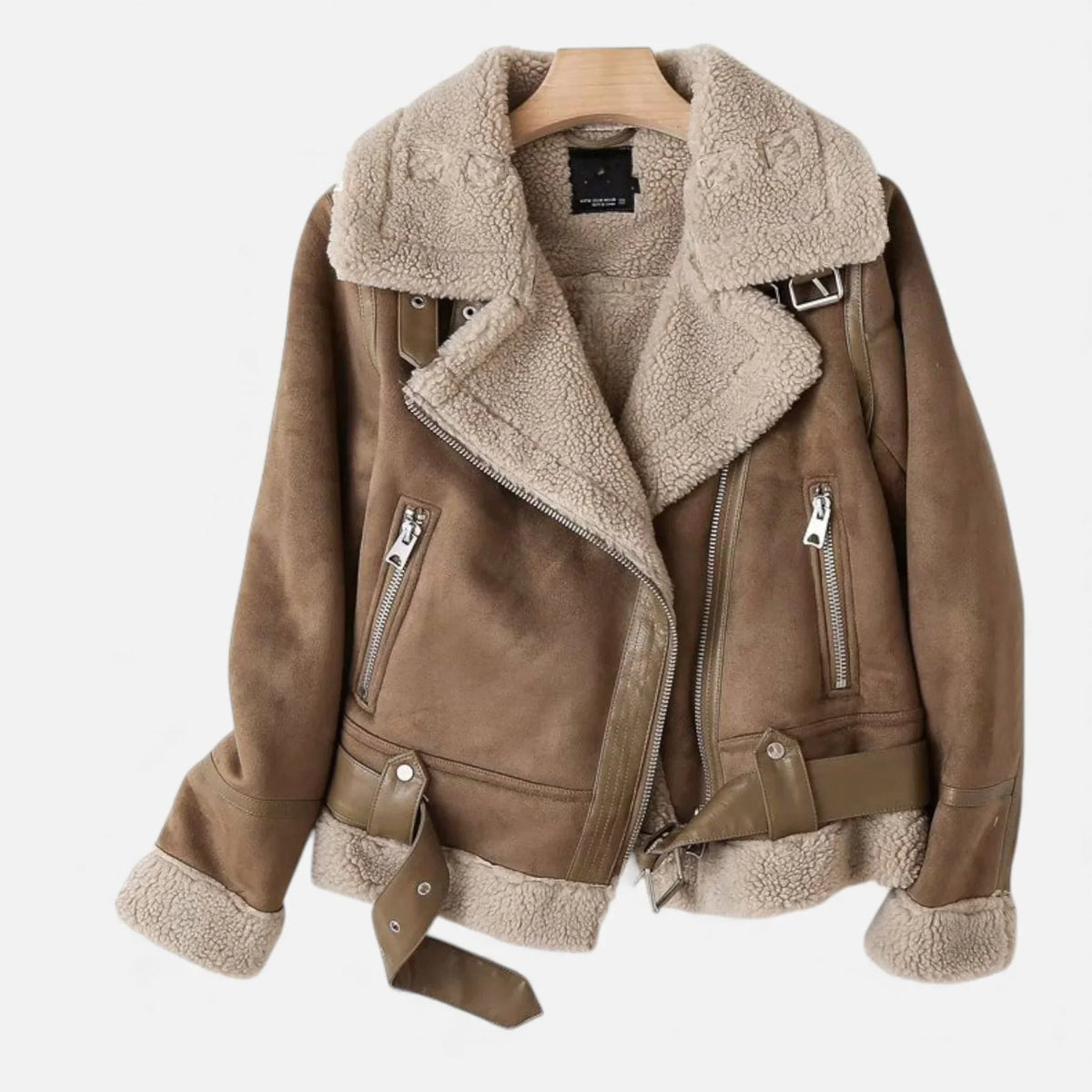 Women's Belted Faux Suede Aviator Jacket with Faux Shearling Trim