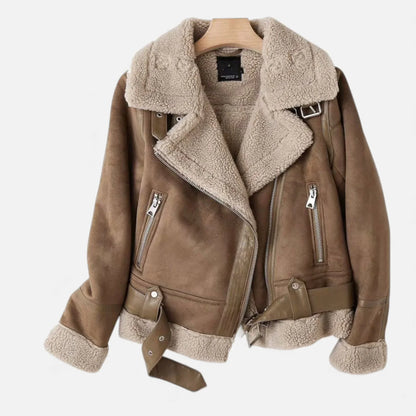 Women's Belted Faux Suede Aviator Jacket with Faux Shearling Trim