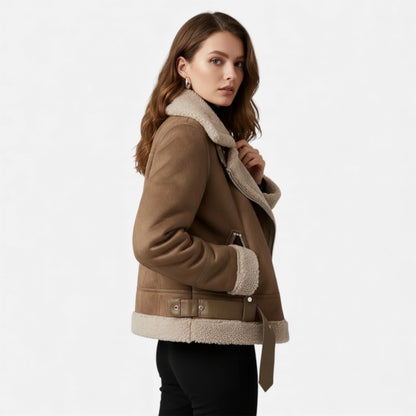Women's Belted Faux Suede Aviator Jacket with Faux Shearling Trim