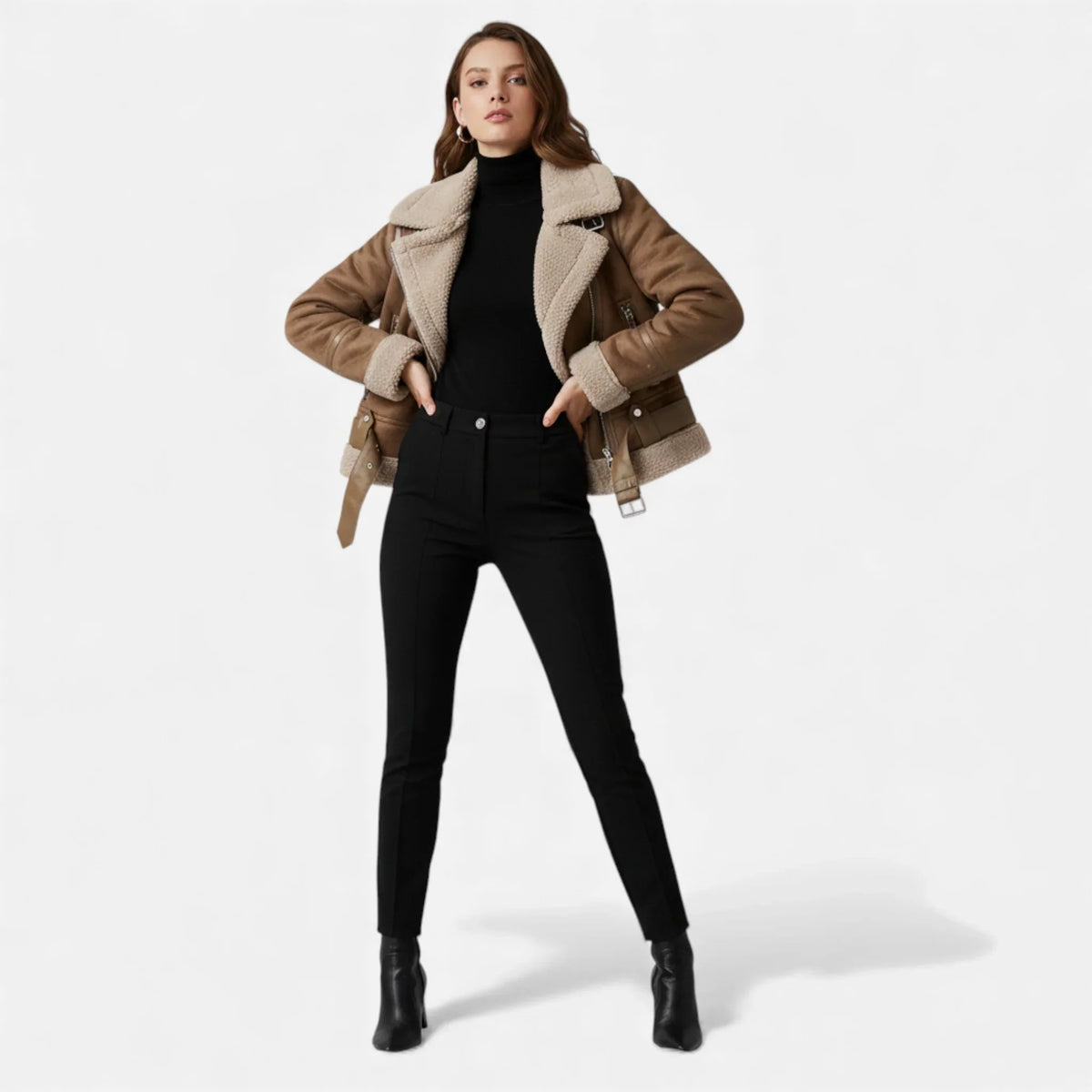 Women's Belted Faux Suede Aviator Jacket with Faux Shearling Trim