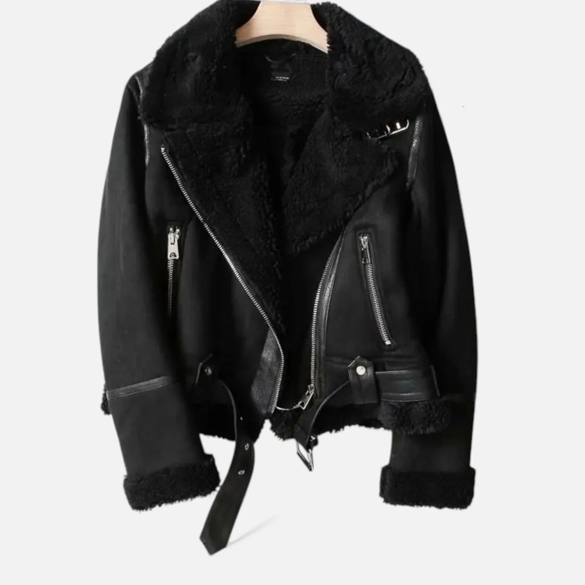 Women's Belted Faux Suede Aviator Jacket with Faux Shearling Trim