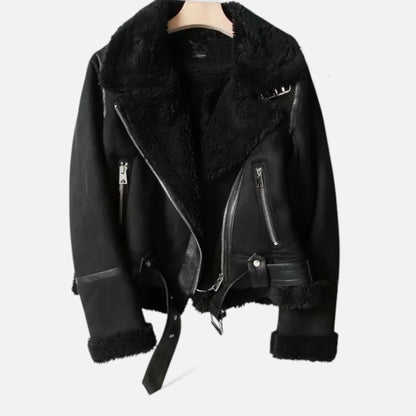 Women's Belted Faux Suede Aviator Jacket with Faux Shearling Trim