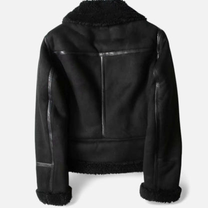 Women's Belted Faux Suede Aviator Jacket with Faux Shearling Trim