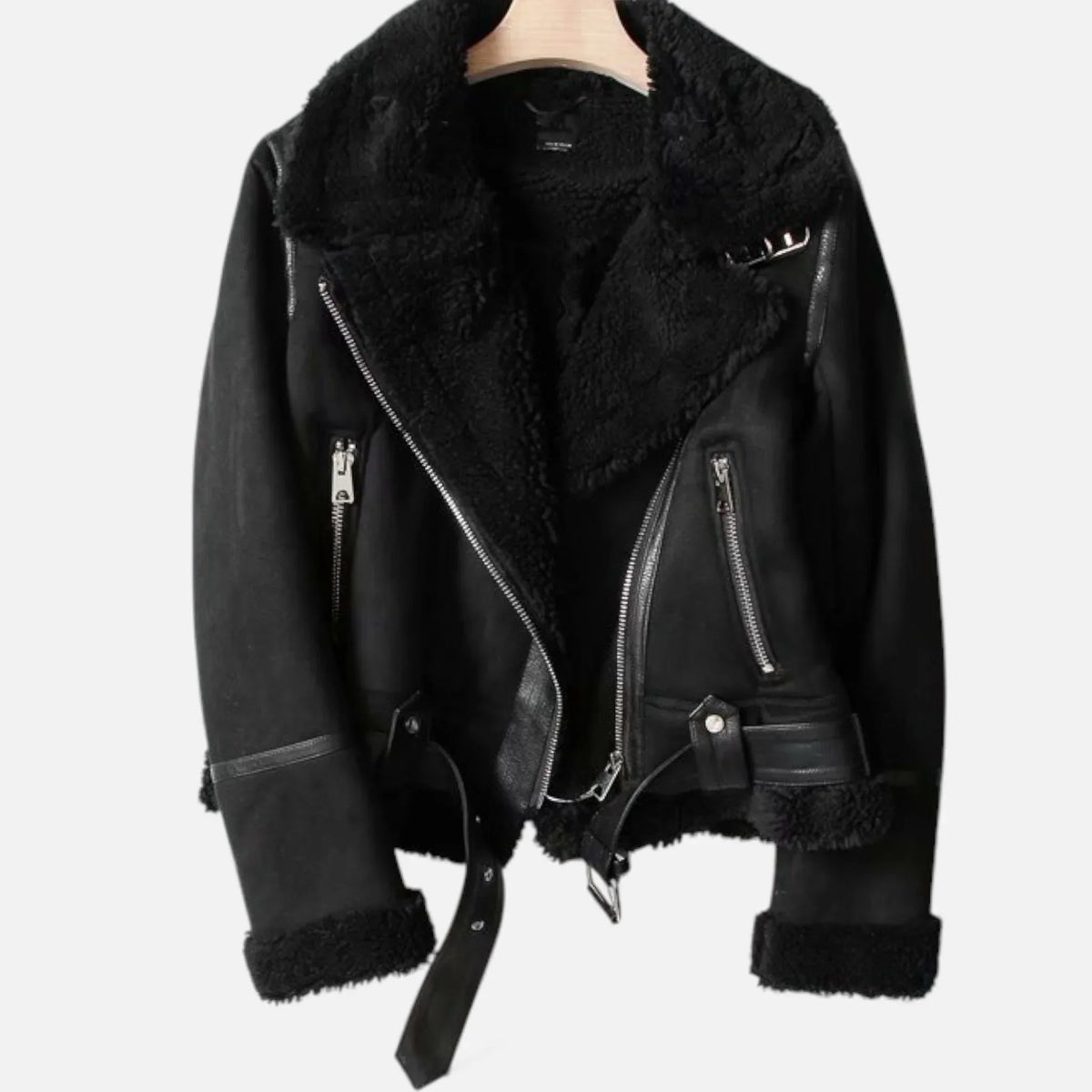 Women's Belted Faux Suede Aviator Jacket with Faux Shearling Trim