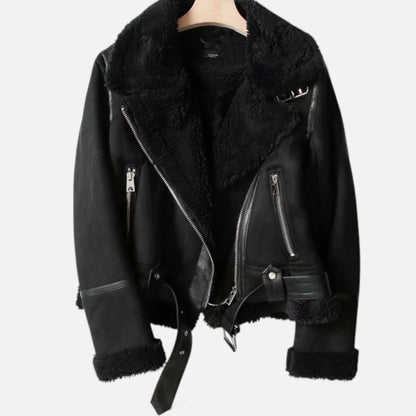 Women's Belted Faux Suede Aviator Jacket with Faux Shearling Trim