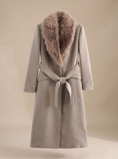 Women's Longline Belted Coat with Faux Fur Collar