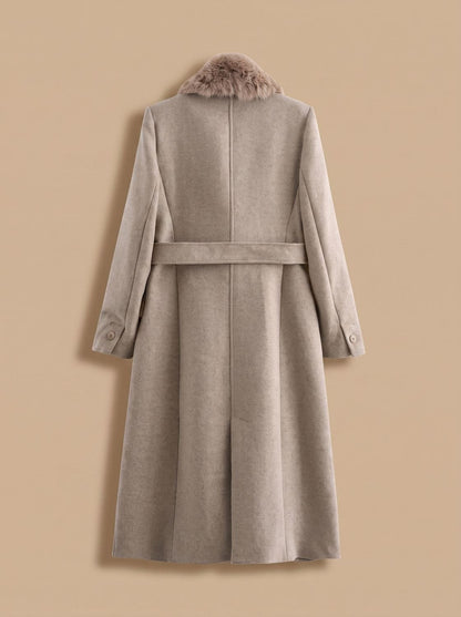 Women's Longline Belted Coat with Faux Fur Collar