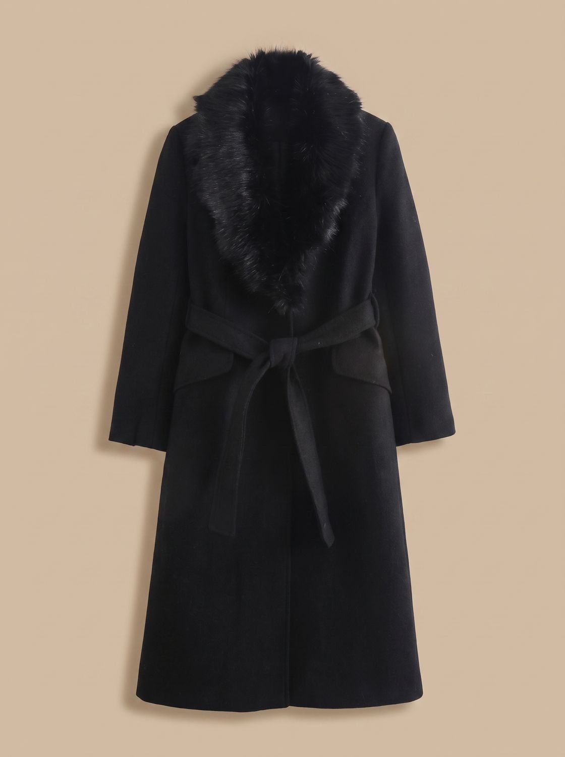Women's Longline Belted Coat with Faux Fur Collar