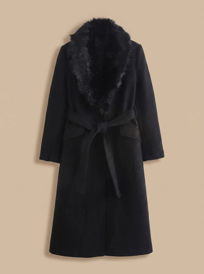 Women's Longline Belted Coat with Faux Fur Collar