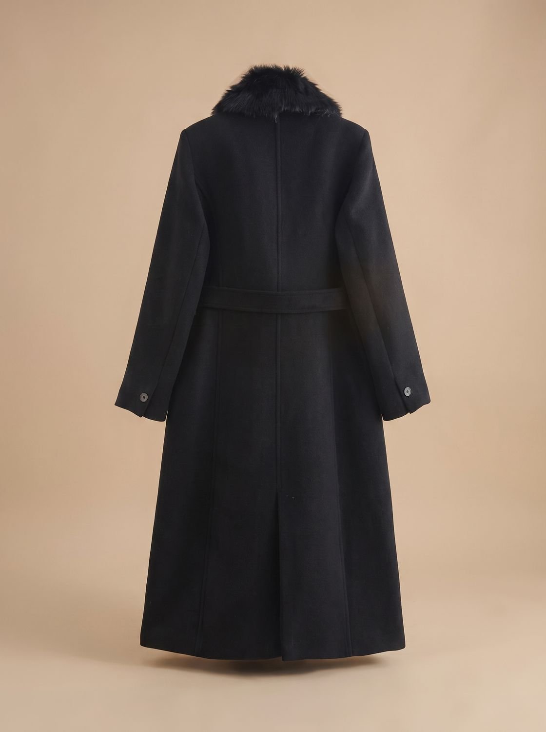 Women's Longline Belted Coat with Faux Fur Collar