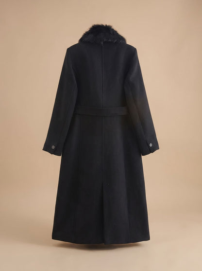 Women's Longline Belted Coat with Faux Fur Collar