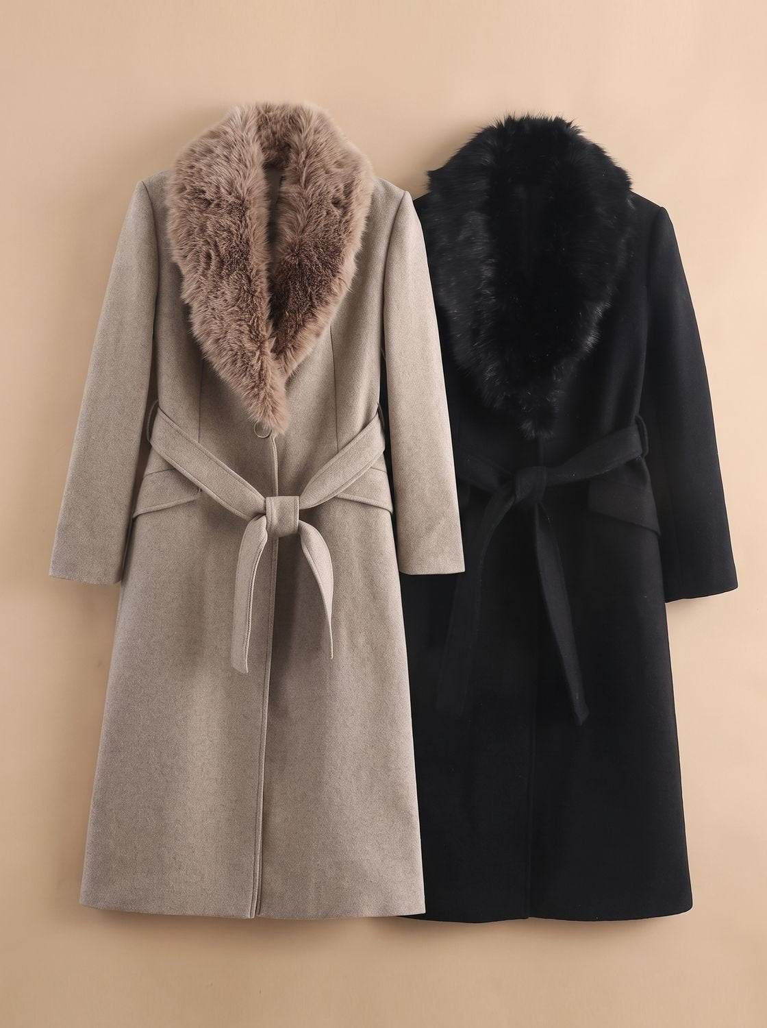 Women's Longline Belted Coat with Faux Fur Collar