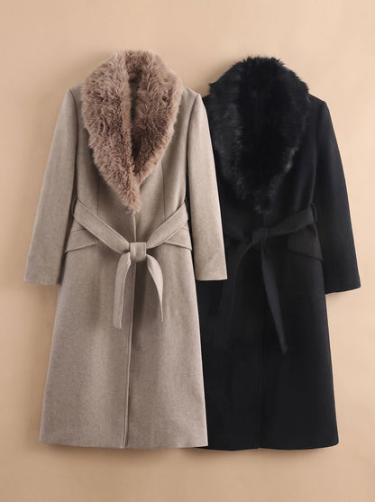 Women's Longline Belted Coat with Faux Fur Collar