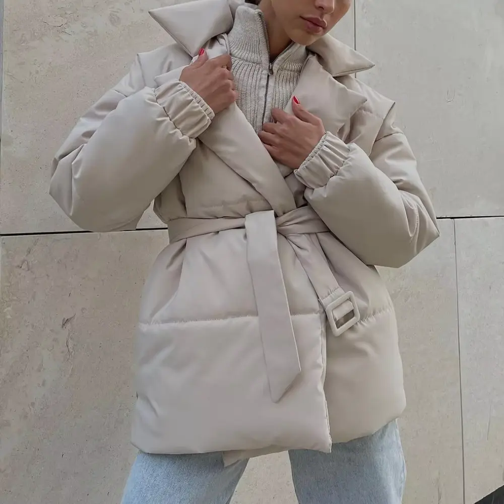 Women's Belted Puffer Jacket with Wrap-Front Lapel Collar