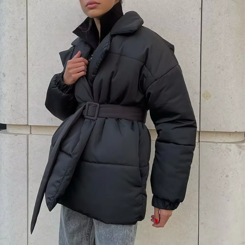 Women's Belted Puffer Jacket with Wrap-Front Lapel Collar
