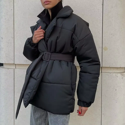 Women's Belted Puffer Jacket with Wrap-Front Lapel Collar