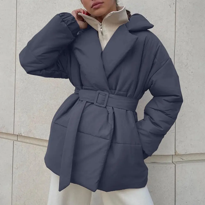 Women's Belted Puffer Jacket with Wrap-Front Lapel Collar
