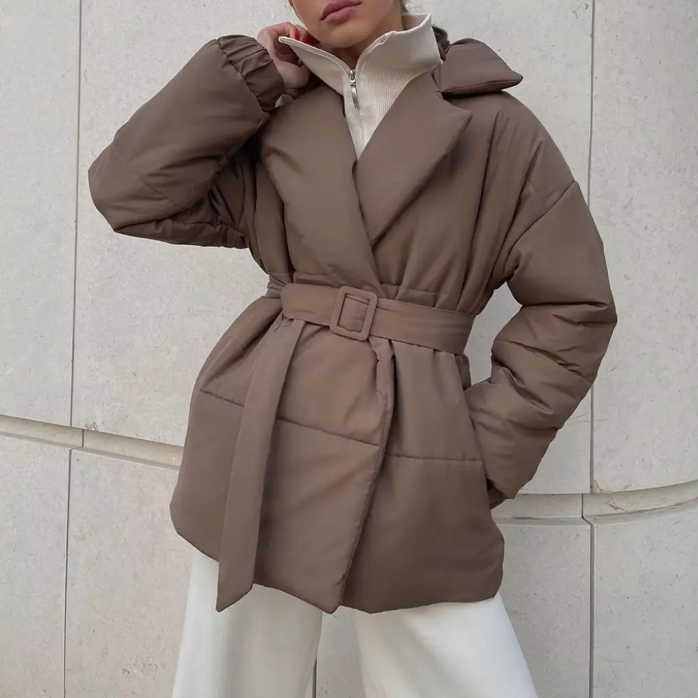 Women's Belted Puffer Jacket with Wrap-Front Lapel Collar