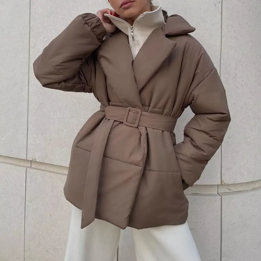 Women's Belted Puffer Jacket with Wrap-Front Lapel Collar