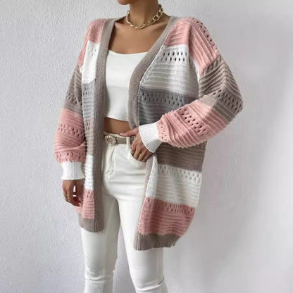Women's Colour-Block Pointelle Longline Cardigan