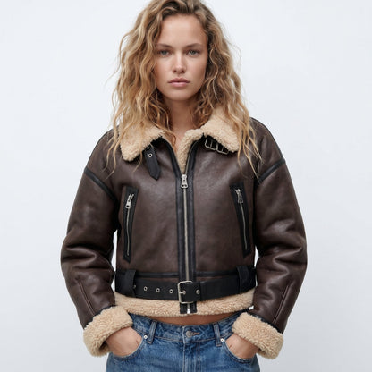 Women's Brown Leather-Look Aviator Jacket with Faux Shearling