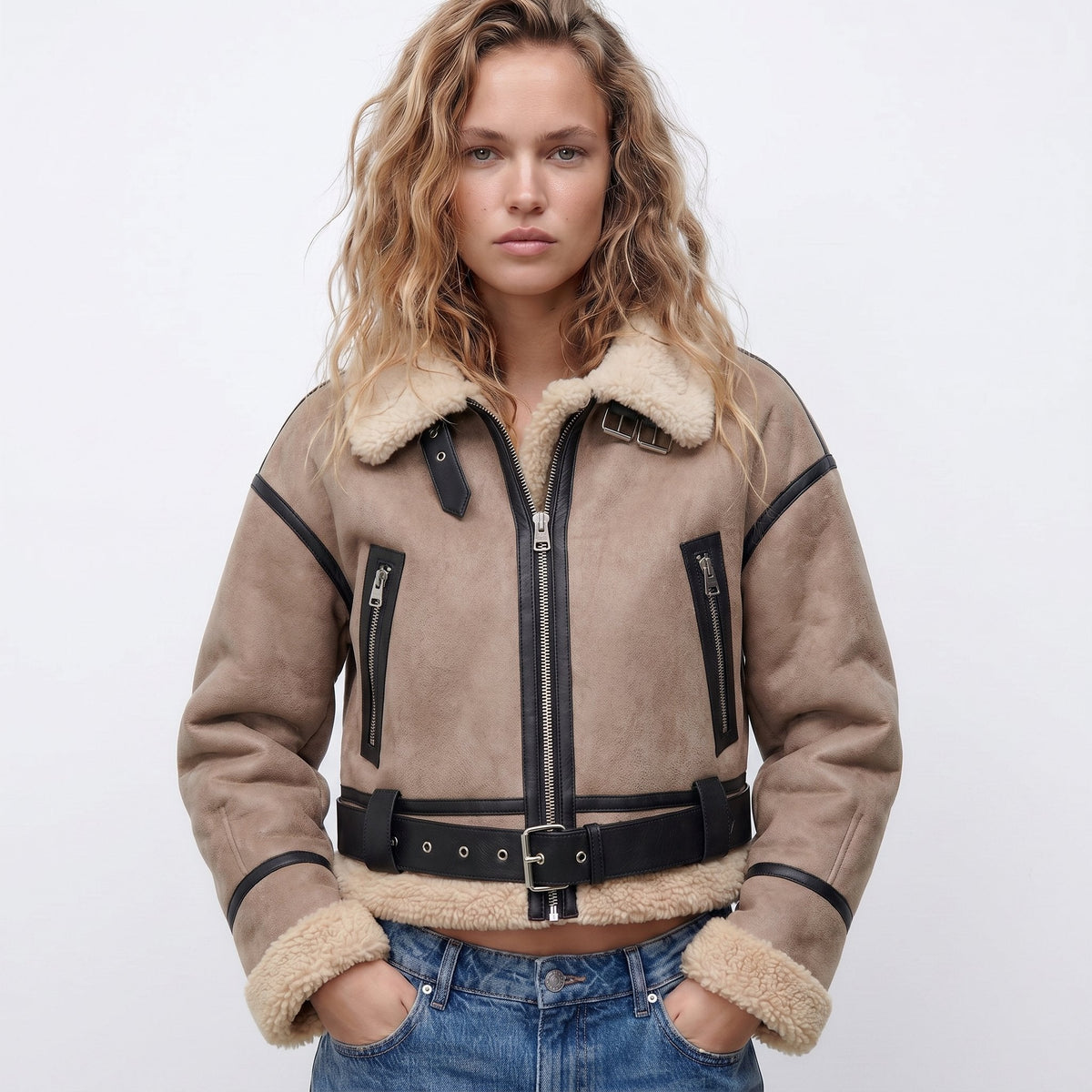 Women's Brown Leather-Look Aviator Jacket with Faux Shearling