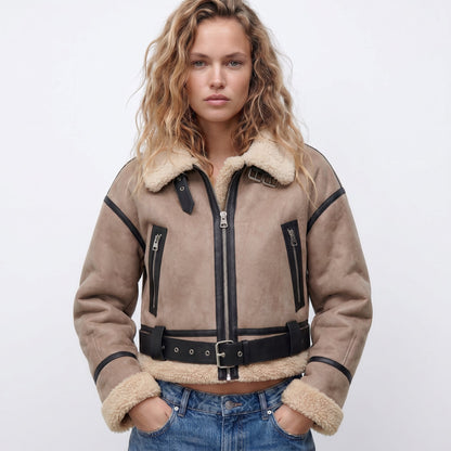 Women's Brown Leather-Look Aviator Jacket with Faux Shearling