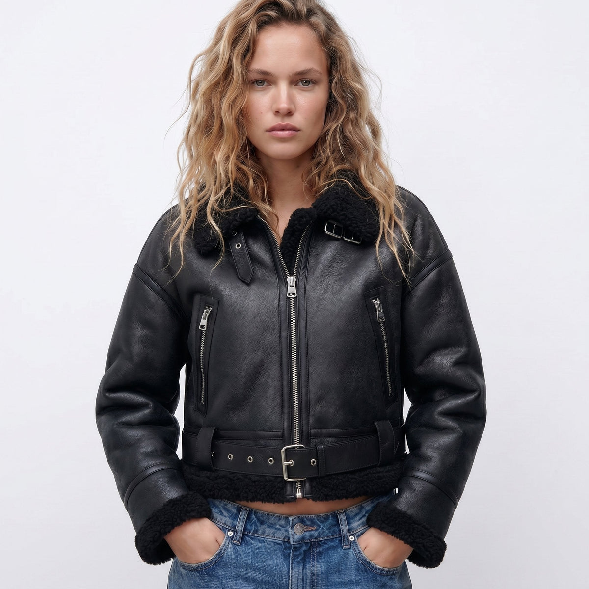 Women's Brown Leather-Look Aviator Jacket with Faux Shearling