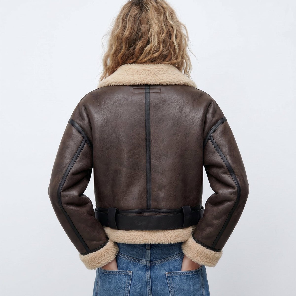 Women's Brown Leather-Look Aviator Jacket with Faux Shearling