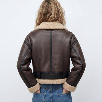Women's Brown Leather-Look Aviator Jacket with Faux Shearling