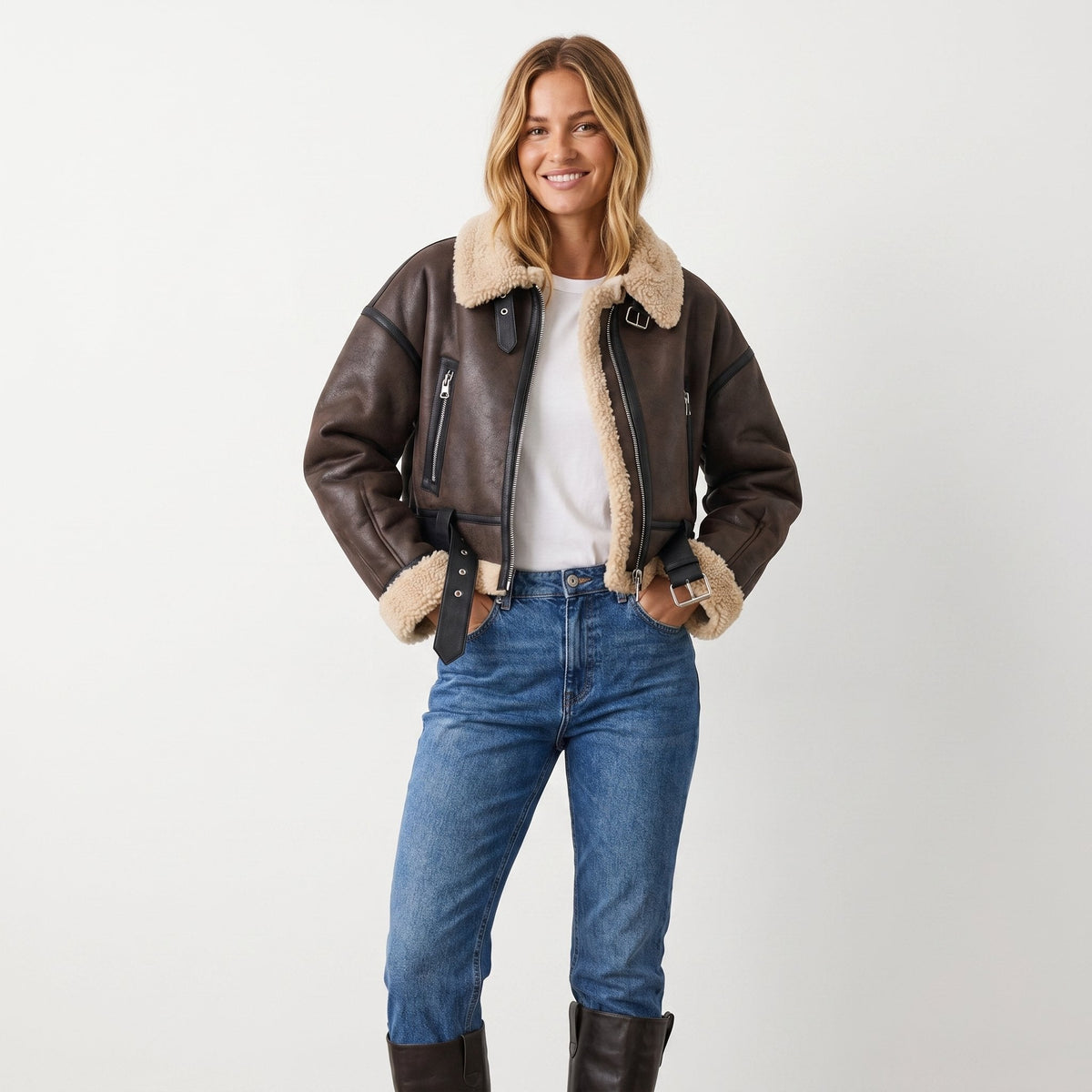 Women's Brown Leather-Look Aviator Jacket with Faux Shearling