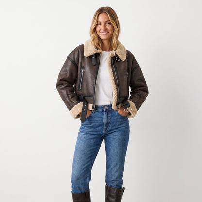 Women's Brown Leather-Look Aviator Jacket with Faux Shearling