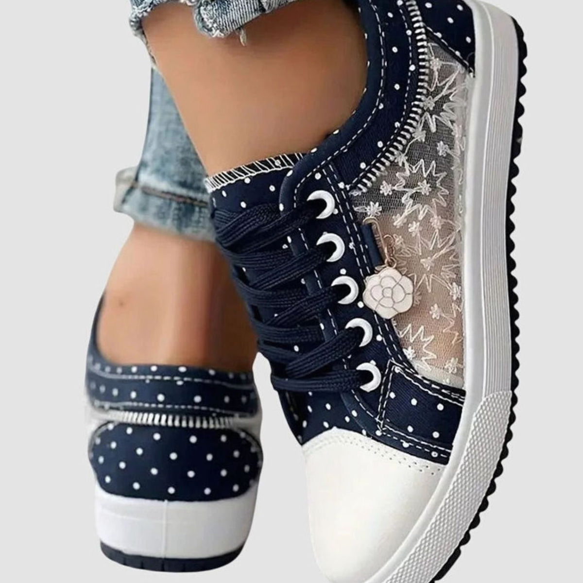 Women's Orthopaedic Floral Lace Mesh Trainers with Zip Detail