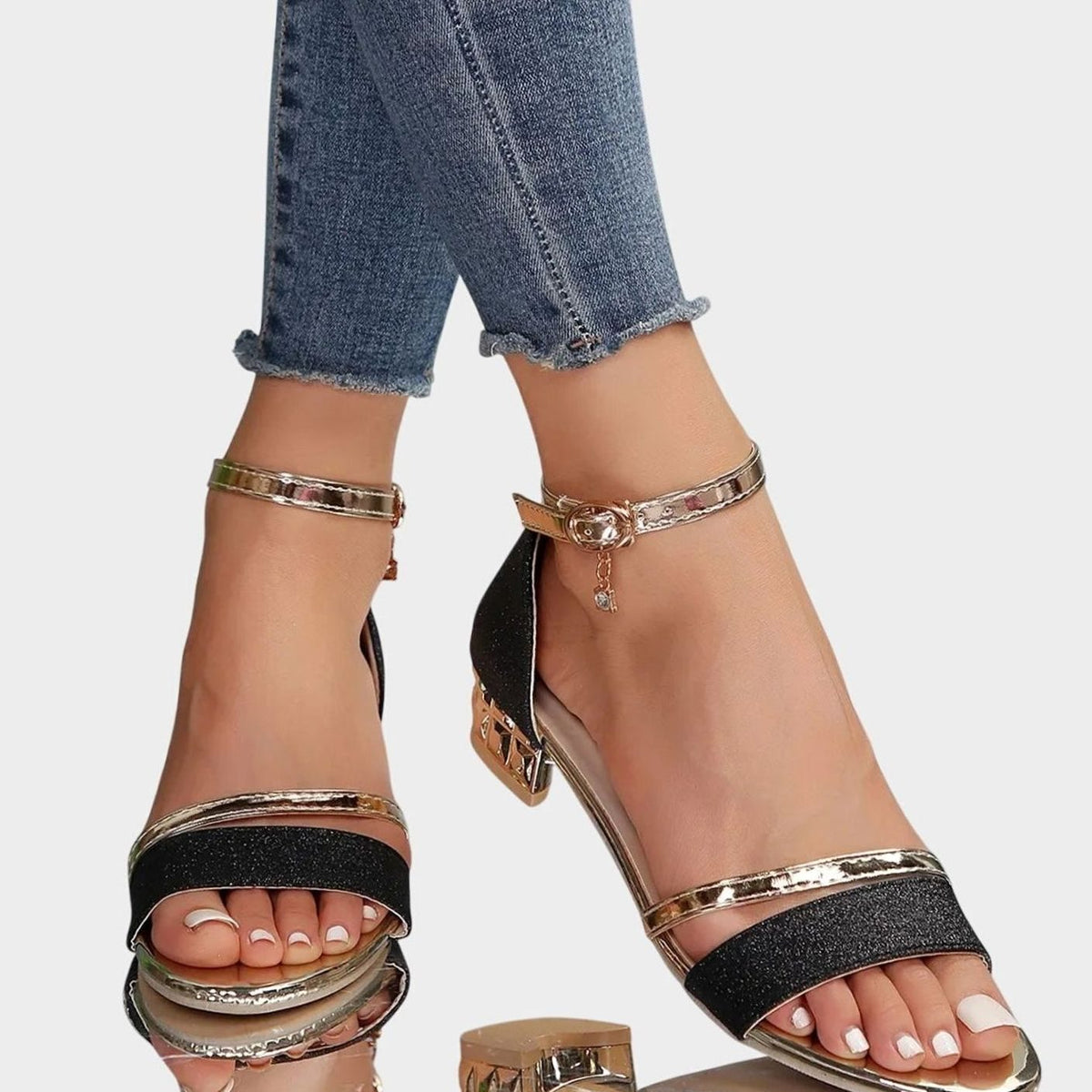 Women's Glitter Block-Heel Sandals with Gold Ankle Strap