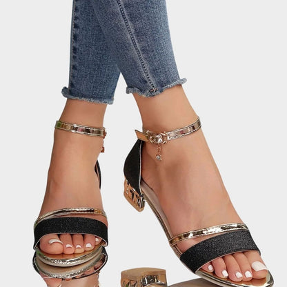 Women's Glitter Block-Heel Sandals with Gold Ankle Strap