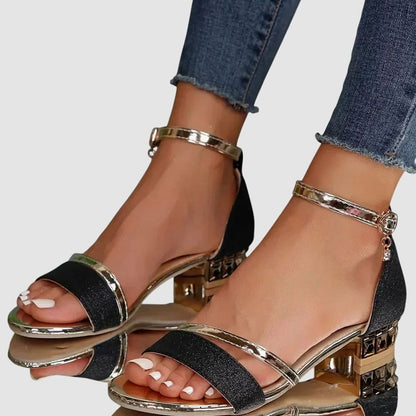 Women's Glitter Block-Heel Sandals with Gold Ankle Strap
