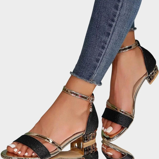 Women's Glitter Block-Heel Sandals with Gold Ankle Strap