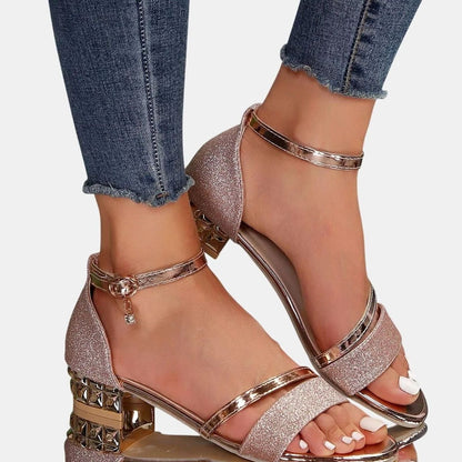 Women's Glitter Block-Heel Sandals with Gold Ankle Strap