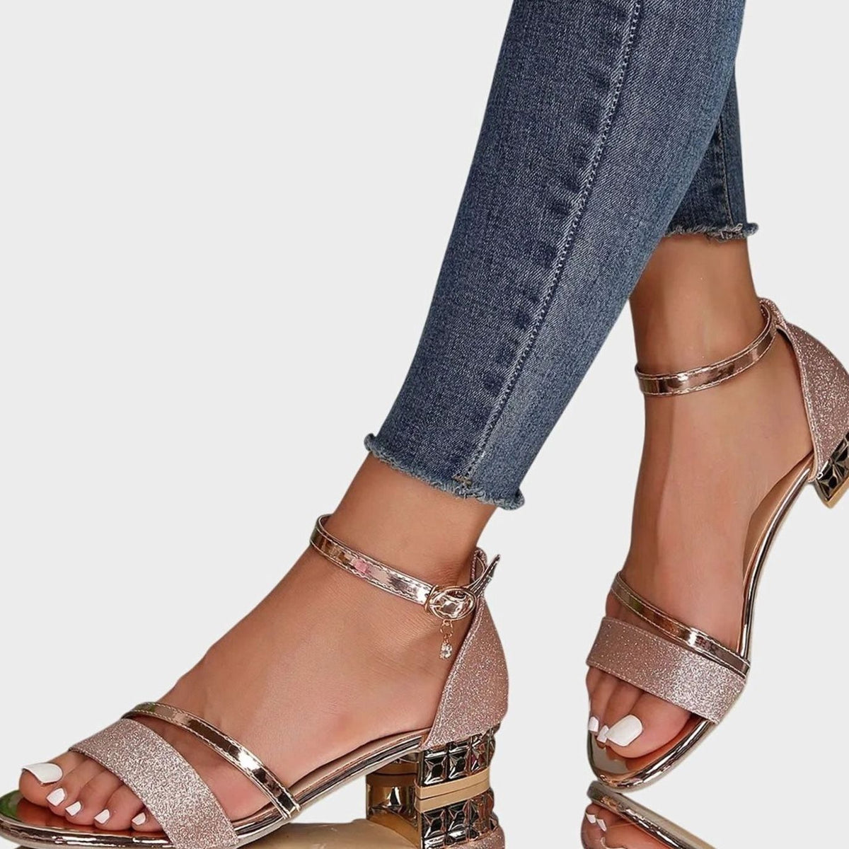 Women's Glitter Block-Heel Sandals with Gold Ankle Strap