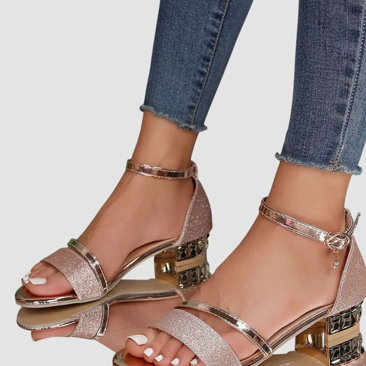 Women's Glitter Block-Heel Sandals with Gold Ankle Strap